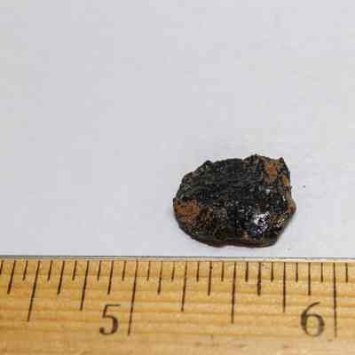 Closeup of volcanic glass: A small, dark, glossy volcanic glass fragment lies next to a wooden ruler, measuring approximately .75 cm in length, against a plain background.