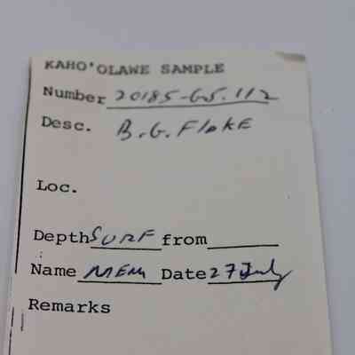 Artifact slip for basaltic glass flake: The image shows an artifact slip labeled "Kaho'olawe Sample" with a unique number, description, depth, and date.