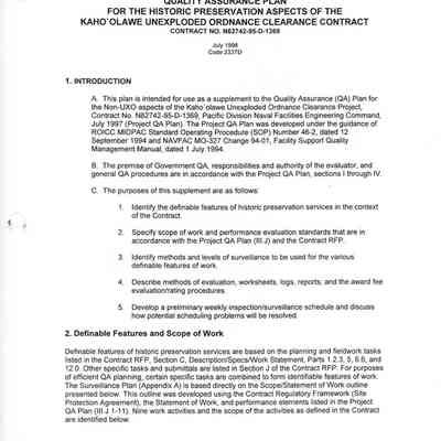Supplement, Quality Assurance Plan for the Historic Preservation Aspects of the Kahoolawe Unexploded Ordnance Clearance Contract