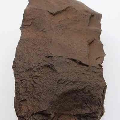 Lengthwise view of basalt adze blank: A jagged, brownish rock with rough, uneven surfaces and various textures is prominently displayed against a plain background, probably an adze blank.