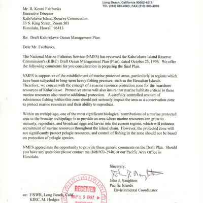 Letter to Mr. R. Keoni Fairbanks from John J. Naughton