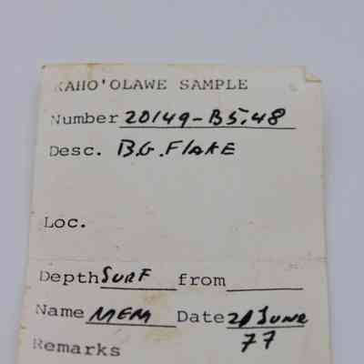 Artifact slip for basaltic glass flake: The image shows an artifact slip labeled "Kaho'olawe Sample" with details like number, description, and date.