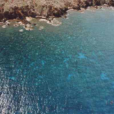 High aerial view of coral beds and rocky shoreline in the Lae 'O Kuikui area