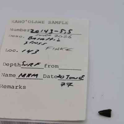 Artifact slip, basaltic glass flake and metal ruler: The image shows a labeled sample card for basaltic glass, with a small black flake next to a ruler for scale.