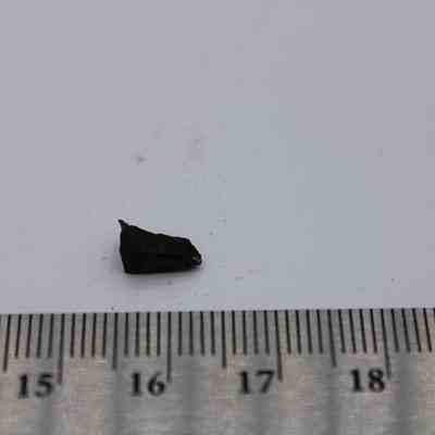 Tiny basaltic glass flake with metal ruler: The image shows a small piece of basaltic glass resting on a flat surface next to a ruler.