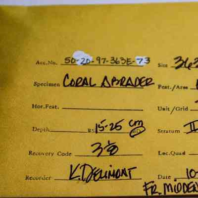 Manila artifact envelope for a coral abrader: The image shows a yellow envelope with handwritten details about a specimen labeled "CORAL ABRADER," including depth, site, and date.
