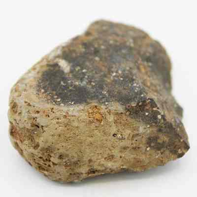 Closeup of basalt scraper: The image shows a rough, irregularly shaped rock with a combination of dark gray and light brown colors.