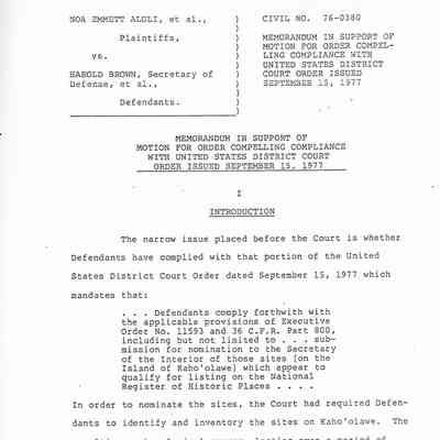 Memorandum in Support of Motion for Order Compelling Compliance with United States District Court Order Issued September 15, 1977