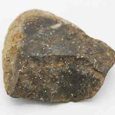 Closeup of basalt scraper: The image shows a rough, textured rock with a predominantly dark, earthy brown surface sprinkled with lighter specks, set against a plain white background.