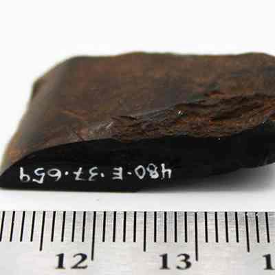Small stone adze (ko'i) with a ruler: The image shows a small, dark, rough stone adze (ko'i)  with white writing, placed next to a measuring ruler.