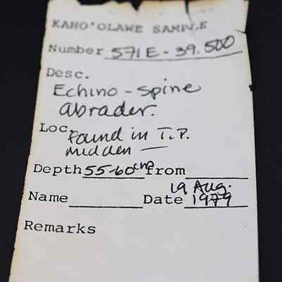Artifact slip for echino-spine abrader: The image shows a labeled sample tag for a Kaho'olawe item, noting "Echino-spine Abrader" found in a midden.
