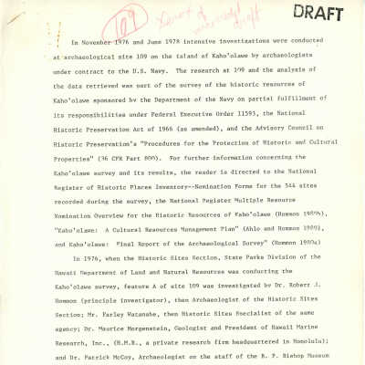 PDF copy of draft of a report about the salvaging of Kaho'olawe Site 109: The document is a draft detailing archaeological investigations on Kaho'olawe Island, focusing on historic resources surveyed under U.S. Navy contracts.