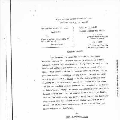 Consent Decree and Order--first page: The document is a consent decree from the United States District Court for the District of Hawaii regarding a case involving Noa Emmett Aluli and Harold Brown.