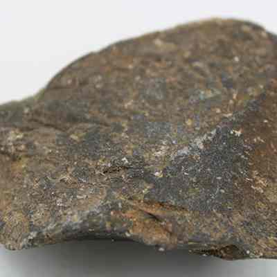 Closeup of basalt scraper: The image shows a roughly textured, irregularly shaped rock with a predominantly brown and gray color, featuring a combination of smooth and mottled surfaces.
