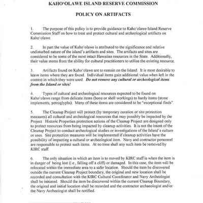 Interim Guidance, Kaho'olawe Island Reserve Commission, Policy on Artifacts