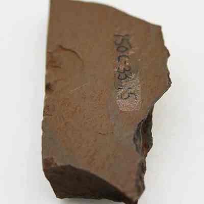 Side of basalt adze fragment with alternate id number visible: The image shows a brown stone fragment, possibly part of an adze, with a rough surface and inscribed alphanumeric markings on its top side.