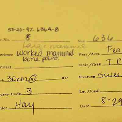 Artifact envelope for worked bone: The image shows a yellow excavation record envelope with handwritten details, including accession number, specimen description, depth, recovery code, date, and recorder's name.