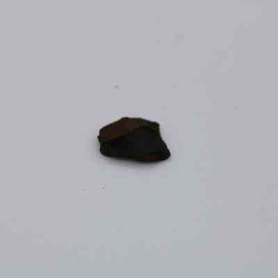 Closeup of basaltic glass flake: The image shows a small, dark basaltic glass flake resting on a smooth, light-colored surface.