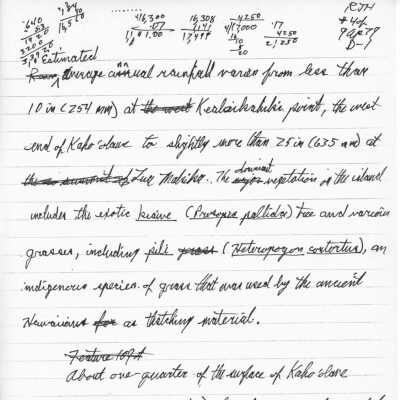 PDF copy of notes regarding salvage efforts at Site 109: The handwritten image describes varied annual rainfall ranges and mentions specific vegetation on an island.