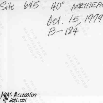 Back of photo of potential shrine (KIRC Object ID #2011.001.202): The image shows handwritten notes on the back of a phto, referencing Site 645, dated October 15, 1979, with accession numbers and directional information.