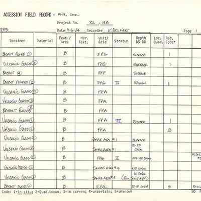 Artifact Accession Field Records