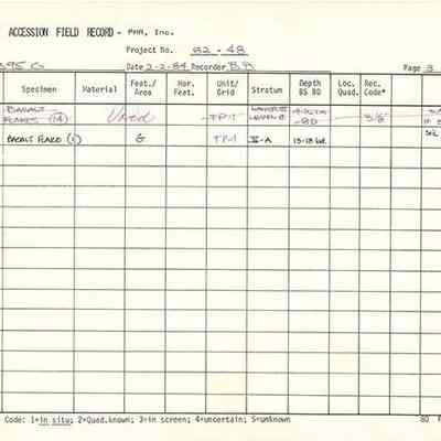 Page 3 of artifact accession field record: The image shows an artifact accession field record, detailing specimens with accession numbers, materials, units, grids, strata, depths, and recovery codes.