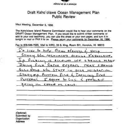 Anonymous Comments regarding Draft Kaho'olawe Ocean Management Plan