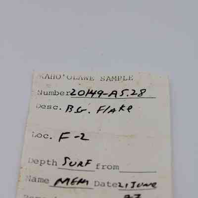 Artifact slip for basaltic glass flake: The image shows a handwritten label detailing a basaltic glass flake sample, with location F-2 and date June 21, 1997.