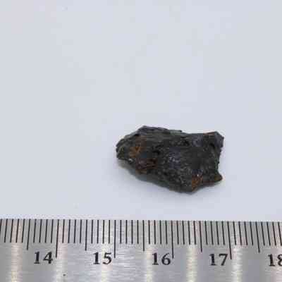 Closeup of small basaltic glass flake with ruler: A small, dark basaltic glass flake is displayed on a white background, with a ruler indicating its size.