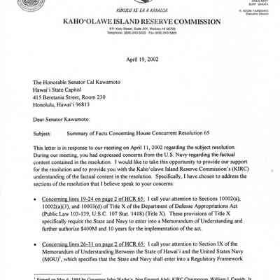 Ltr-Kawamoto re Summary HCR 65-Fairbanks