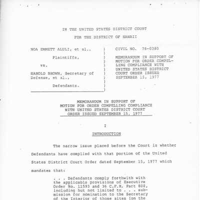 Memorandum in support of motion for order compelling compliance: The image is a court document from the District of Hawaii, discussing compliance with a 1977 order regarding archaeological sites on Kaho‘olawe.