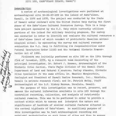 Draft of Archaeological Investigations at Kaho'olawe Site 109, Kaho'olawe Island, Hawai'i