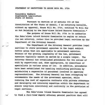 Statement of Objections to House Bill No. 3724