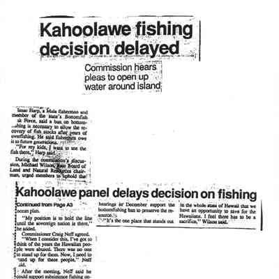 Newsarticle-Kahoolawe fishing delayed: Origsize: 8.5" x 11"; Origformat: Document; Resolution: 150 dpi