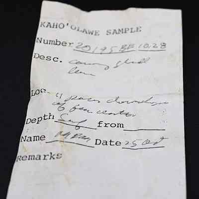 Artifact slip for cowry shell lure (lu he'e): The artifact slip is labeled "Kaho'olawe Sample" with handwritten details about its description, location, and date of  shell lure (lu he'e) collection from Site 195BE.