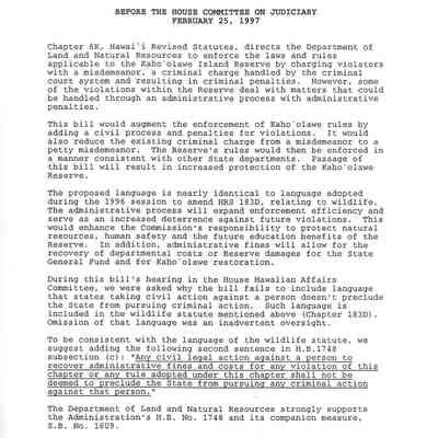 Testimony of the Chairperson of the Board of Land and Natural Resources on H.B. No. 1748-Relating to Kaho'olawe Penalties