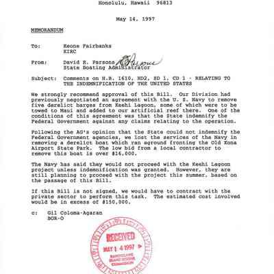 Memorandum to Keone Fairbanks, KIRC from David E. Parsons, State Boating Administrator regarding Comments on H.B. 1610, HD2, SD1, CD1-Relating to the Indemnification of the United States