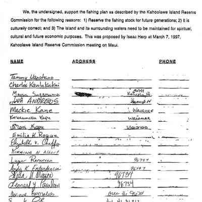Fascsimile of two pages of list of supporters of KIRC fishing plan