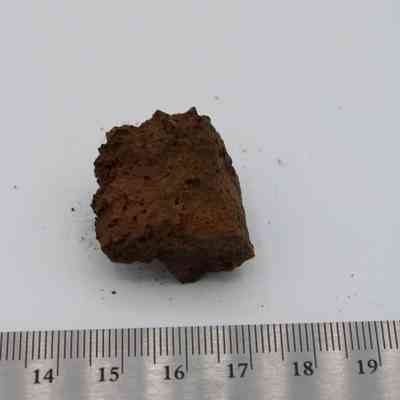 Closeup of basaltic glass core with ruler: A piece of basaltic glass core is placed above a ruler, showing its rough texture and brown color.