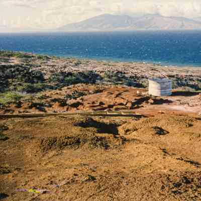 Distant view of frame of water catchment and water tank