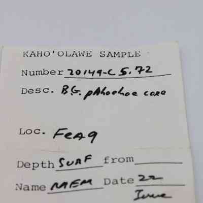Artifact slip for basaltic glass core: The image shows an artifact slip labeled "Kaho'olawe Sample" with various details such as number, description, location, depth, and date.