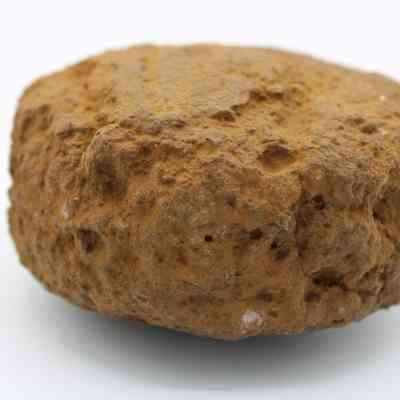 Closeup side profile view of a partially intact 'ulu maika: The image shows a partially intact 'ulu maika, a rounded stone with a rough, brown surface, traditionally significant in Hawaiian games.