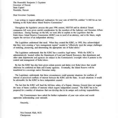 Draft letter to governor regarding veto of HB 3724