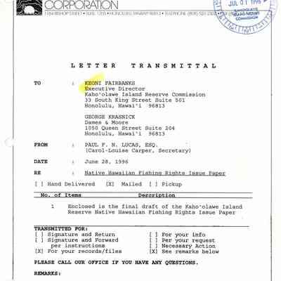 Letter transmittal to Keoni Fairbanks and George Krasnick from Paul F.N. Lucas