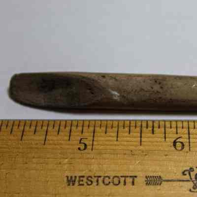 Closeup of an echinoid abrader: The image shows a cylindrical object placed above a wooden ruler, with measurements indicating the object is approximately three inches long.
