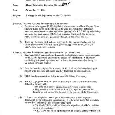 Memorandum to A. French DeSoto from Keoni Fairbanks re: Strategy on the legislation for the '97 session