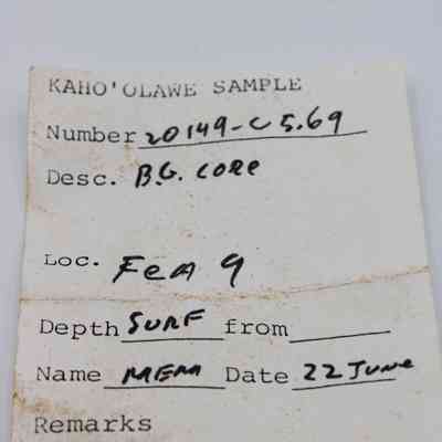 Artifact slip for basaltic glass core: The image shows a form for a basaltic glass core sample from Kaho'olawe, with details like location, date, and name of the collector.