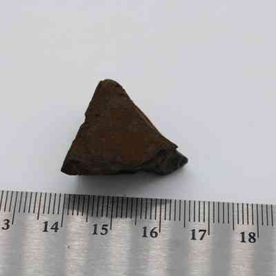 Closeup of basaltic glass core: A piece of basaltic glass core rests on a white surface, adjacent to a metal ruler measuring its size.