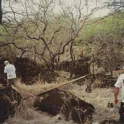 Two men examining building remains