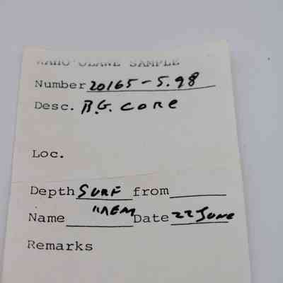 Artifact slip for basaltic glass core: The artifact slip records sample number 20165-5.98, labeled as "B.G core," dated "22 June."